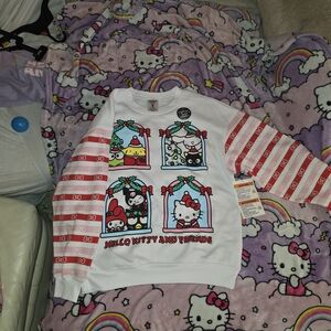 Sanrio White Sweatshirt with Red Striped Sleeves and Hello Kitty Print